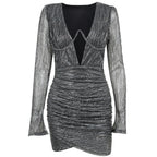 Glitter Deep V-Neck Keyhole Long Sleeve Ruched Wrap Hem Bodycon Mini Dress