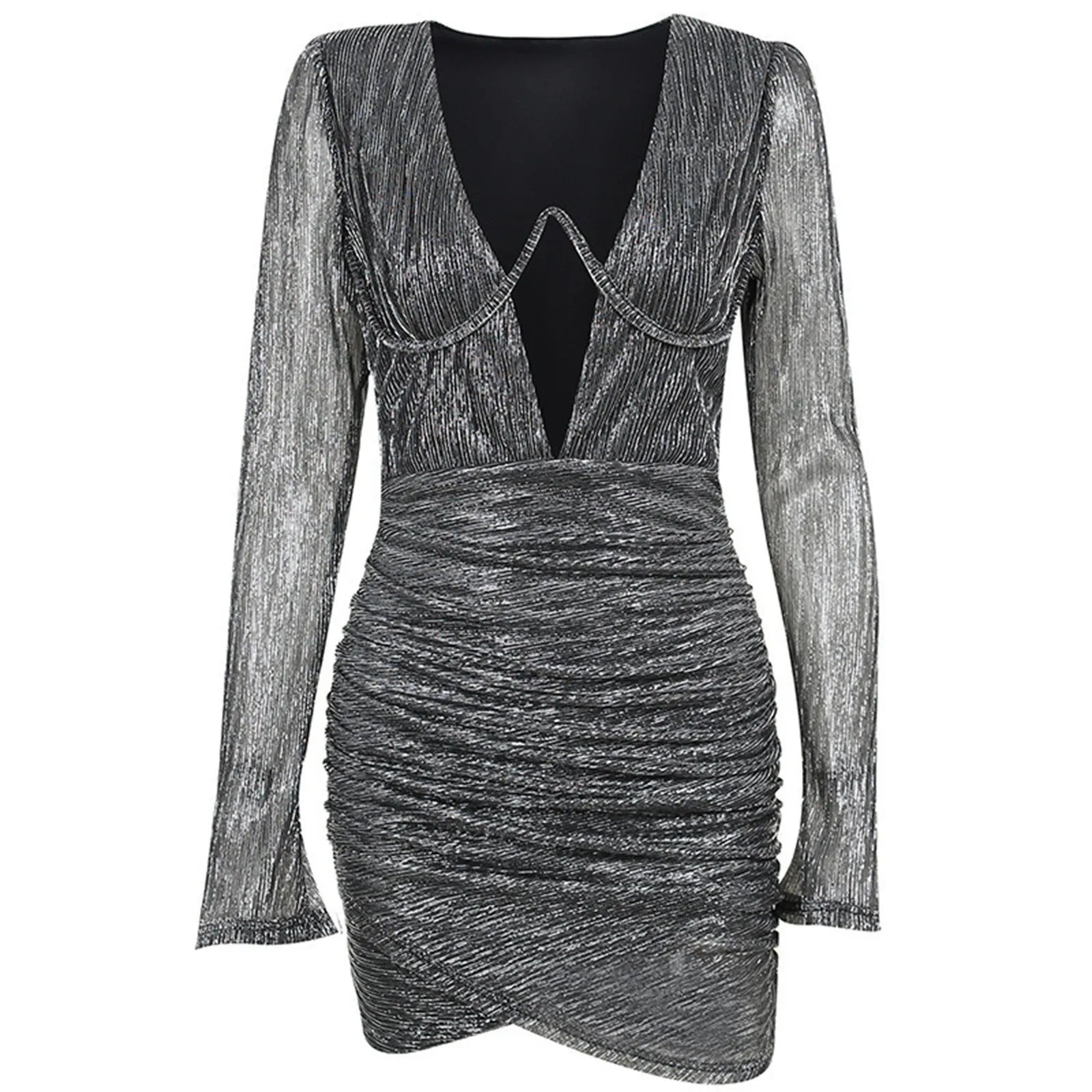 Glitter Deep V-Neck Keyhole Long Sleeve Ruched Wrap Hem Bodycon Mini Dress