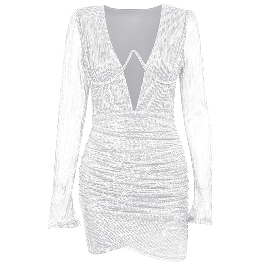 Glitter Deep V-Neck Keyhole Long Sleeve Ruched Wrap Hem Bodycon Mini Dress