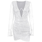 Glitter Deep V-Neck Keyhole Long Sleeve Ruched Wrap Hem Bodycon Mini Dress