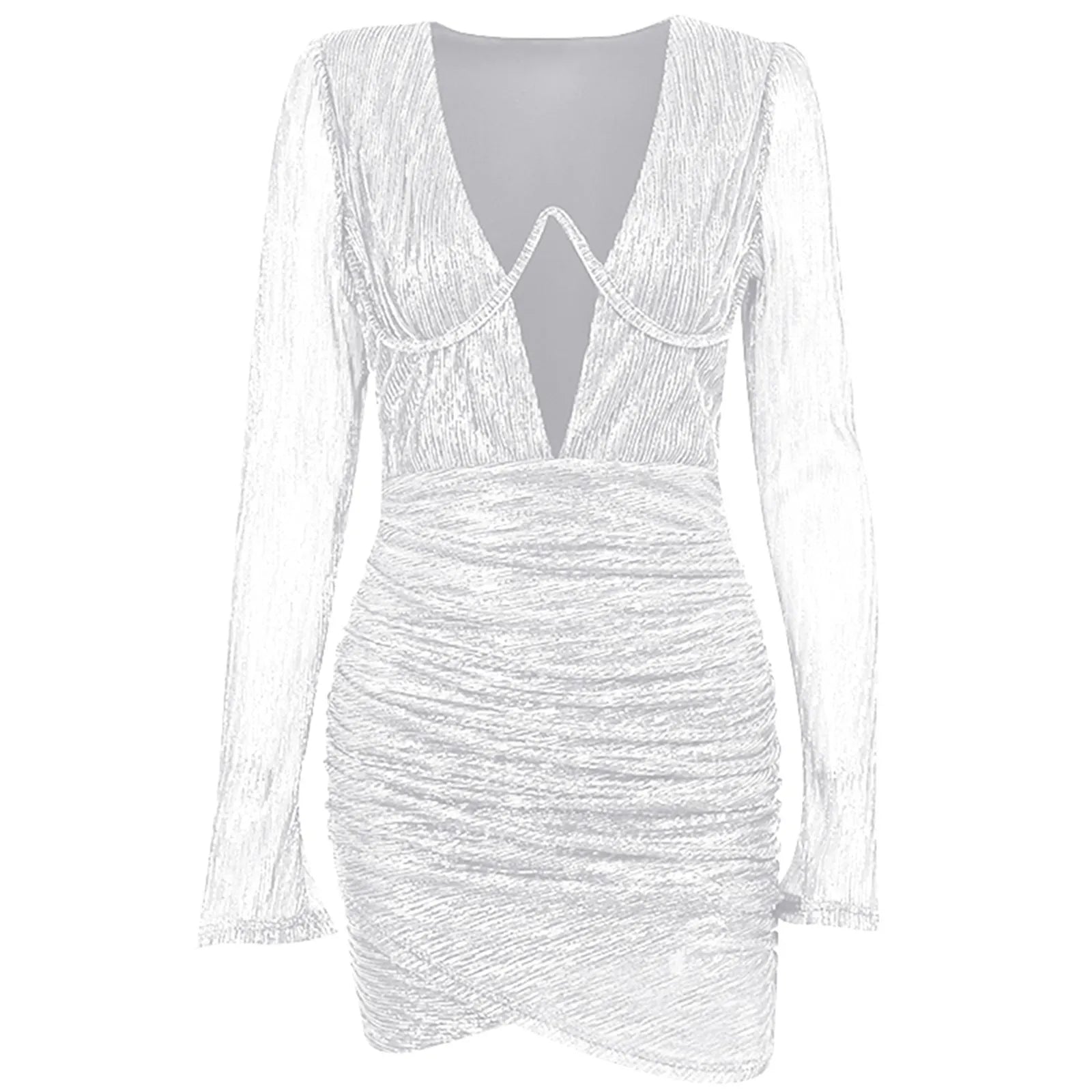 Glitter Deep V-Neck Keyhole Long Sleeve Ruched Wrap Hem Bodycon Mini Dress