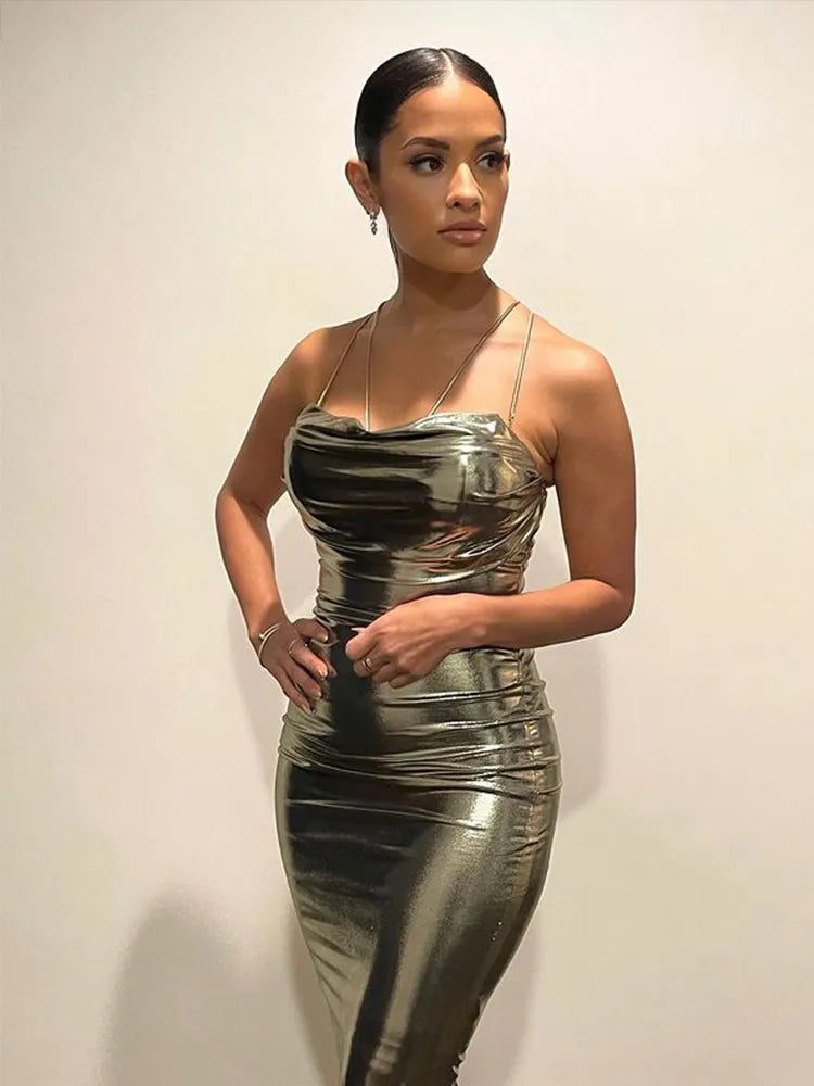Metallic Cowl Neck Double Strap Ruched Bodycon Mini Dress