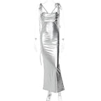 Metallic Cowl Neck Double Strap Ruched Bodycon Mini Dress