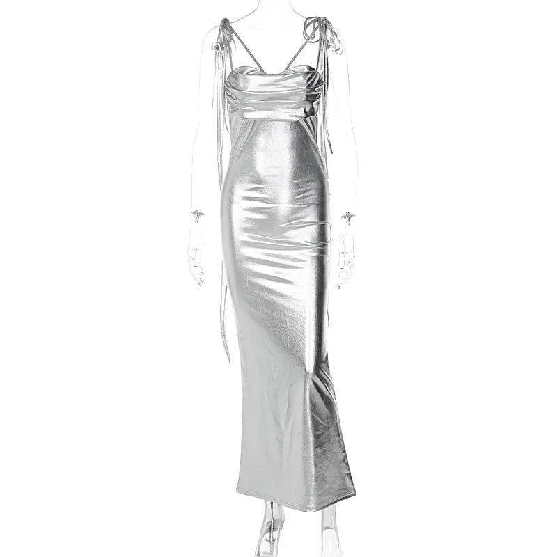 Metallic Cowl Neck Double Strap Ruched Bodycon Mini Dress