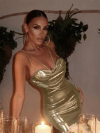 Metallic Cowl Neck Double Strap Ruched Bodycon Mini Dress