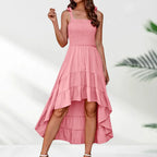 Smocked Square Neck Tie Strap Tiered High Low Maxi Dress