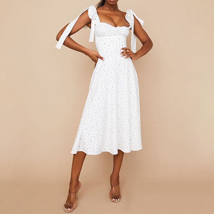 Ditsy Floral Print Ruched Sweetheart Tie Shoulder Thigh Slit Midi Dress