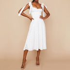 Ditsy Floral Print Ruched Sweetheart Tie Shoulder Thigh Slit Midi Dress