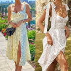 Ditsy Floral Print Ruched Sweetheart Tie Shoulder Thigh Slit Midi Dress