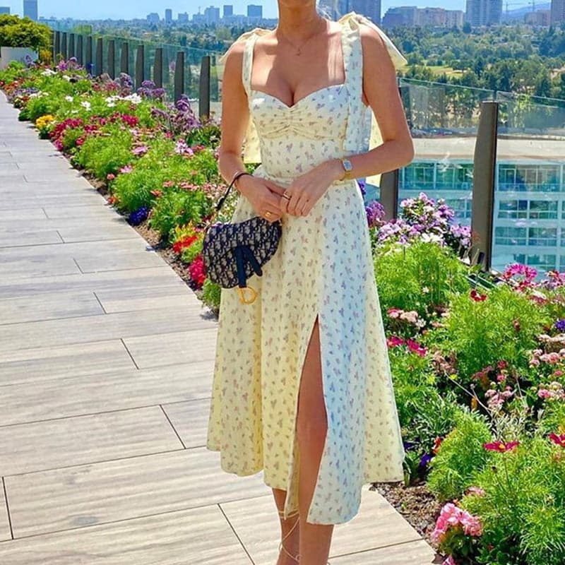 Ditsy Floral Print Ruched Sweetheart Tie Shoulder Thigh Slit Midi Dress