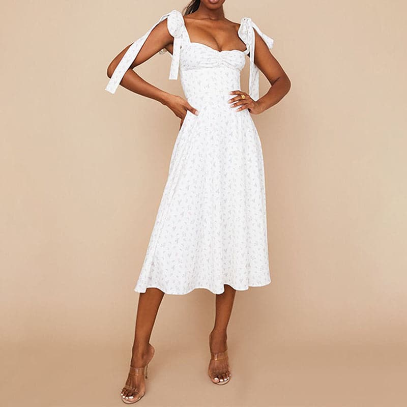 Ditsy Floral Print Ruched Sweetheart Tie Shoulder Thigh Slit Midi Dress