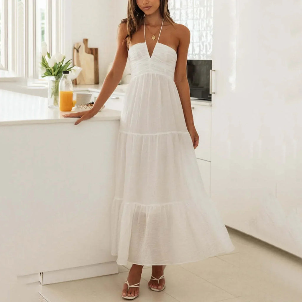 Halter Neck Deep V-Neck Ruched Bodice Tiered Maxi Dress