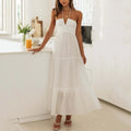 Halter Neck Deep V-Neck Ruched Bodice Tiered Maxi Dress