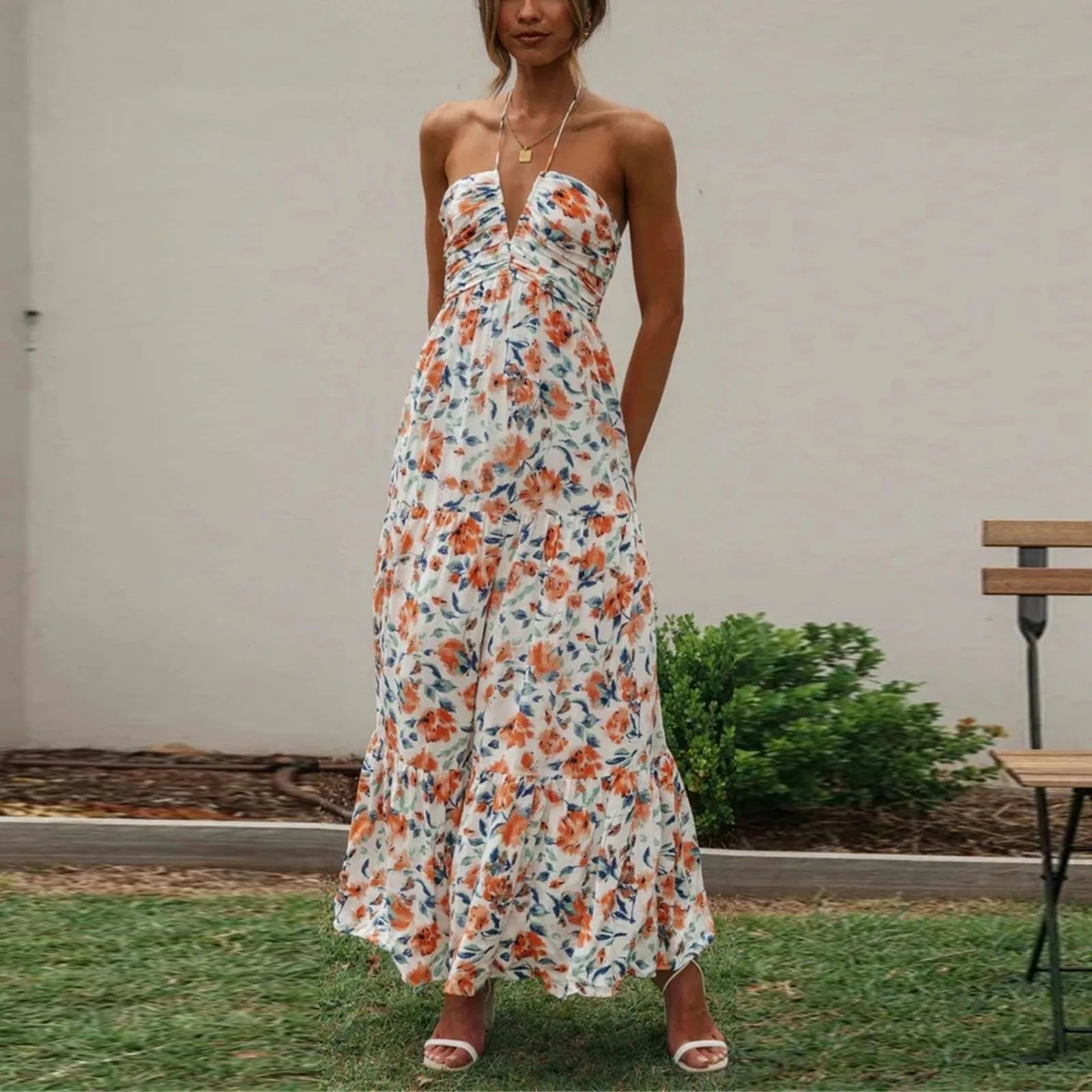 Halter Neck Deep V-Neck Ruched Bodice Tiered Maxi Dress