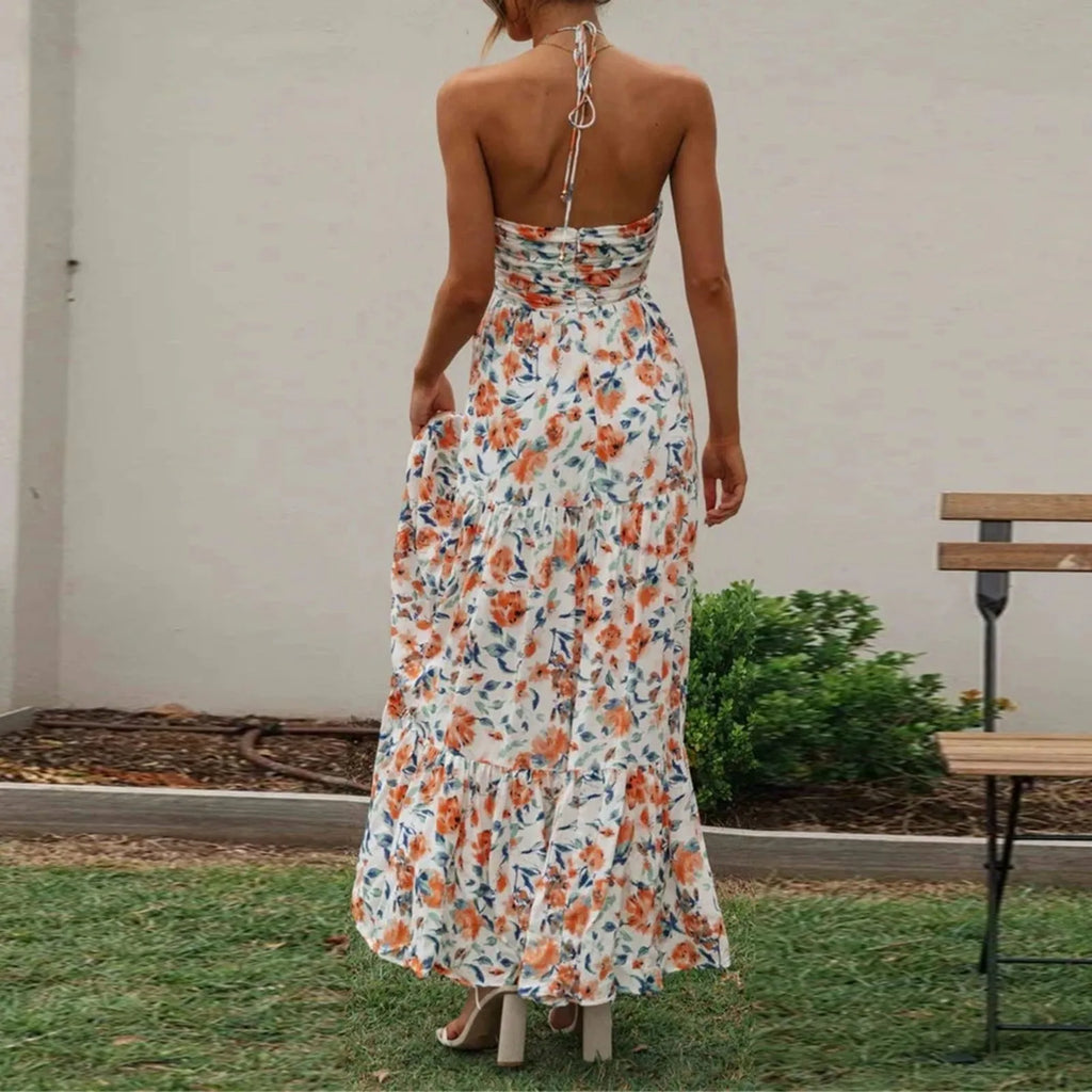 Halter Neck Deep V-Neck Ruched Bodice Tiered Maxi Dress