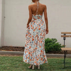 Halter Neck Deep V-Neck Ruched Bodice Tiered Maxi Dress