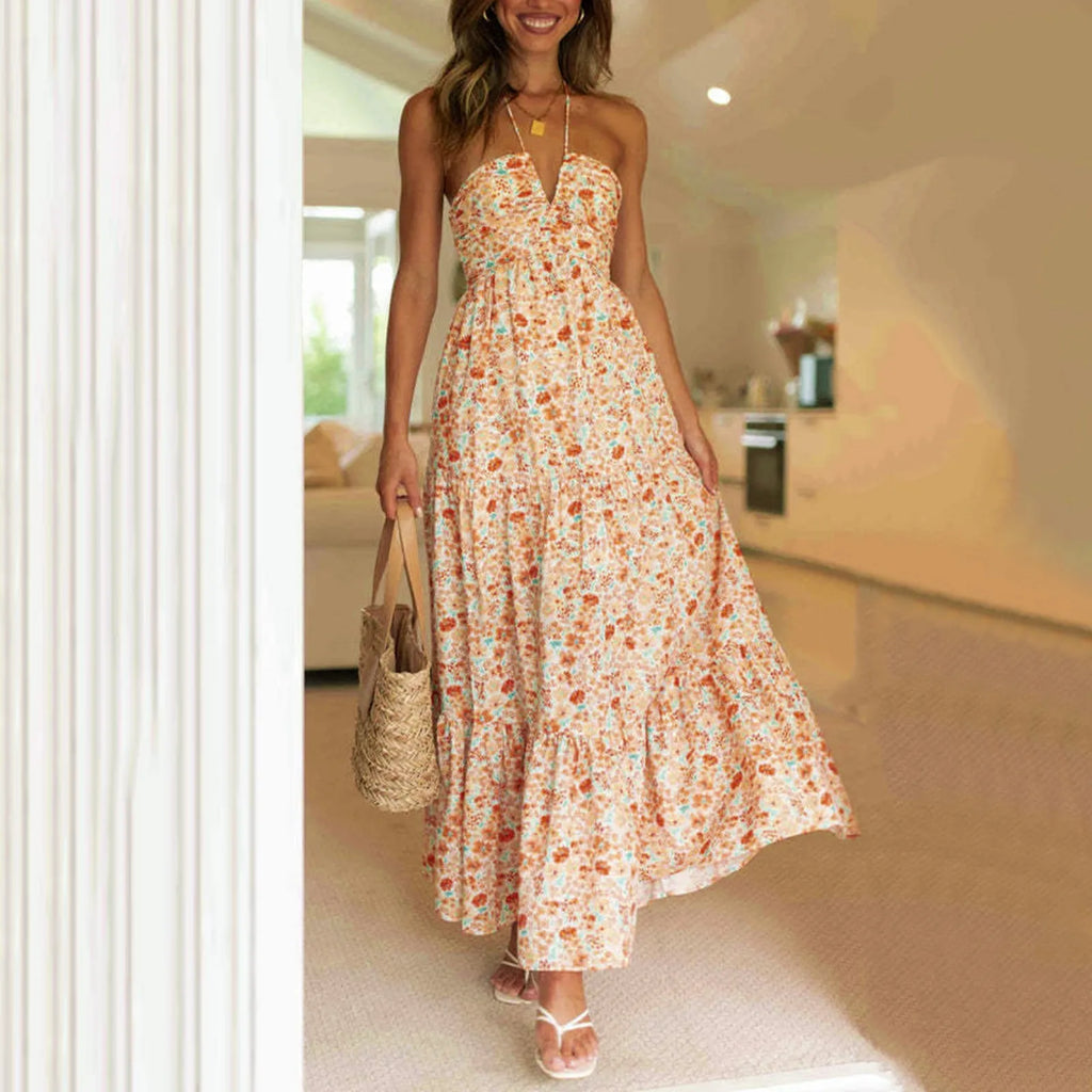 Halter Neck Deep V-Neck Ruched Bodice Tiered Maxi Dress
