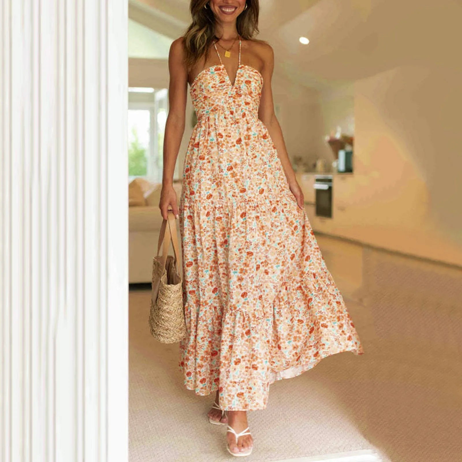 Halter Neck Deep V-Neck Ruched Bodice Tiered Maxi Dress