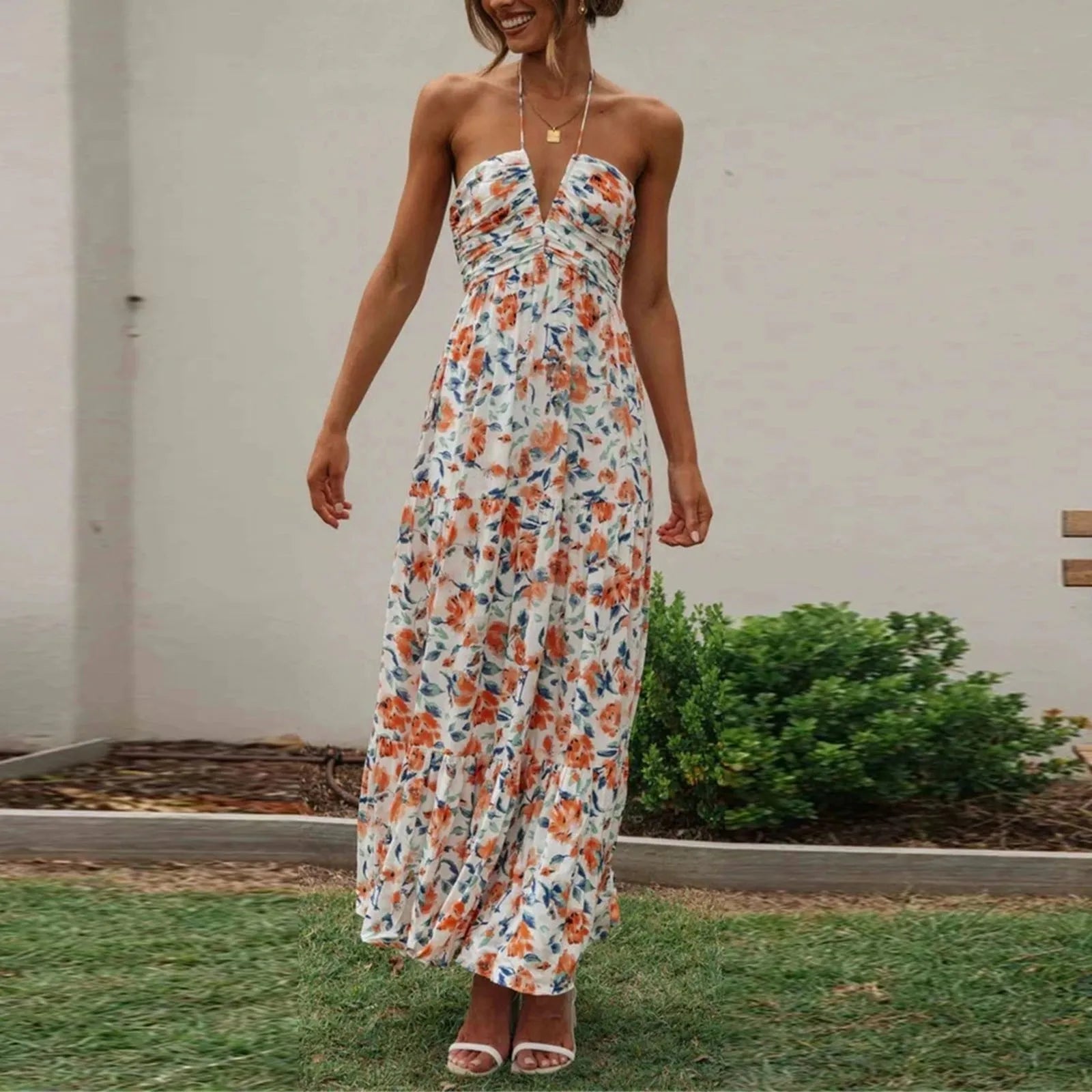Halter Neck Deep V-Neck Ruched Bodice Tiered Maxi Dress