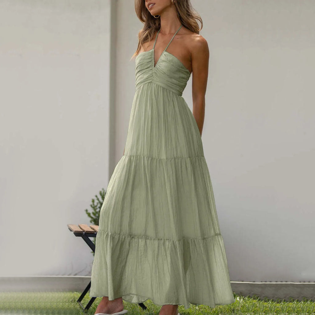 Halter Neck Deep V-Neck Ruched Bodice Tiered Maxi Dress