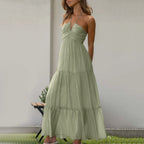 Halter Neck Deep V-Neck Ruched Bodice Tiered Maxi Dress