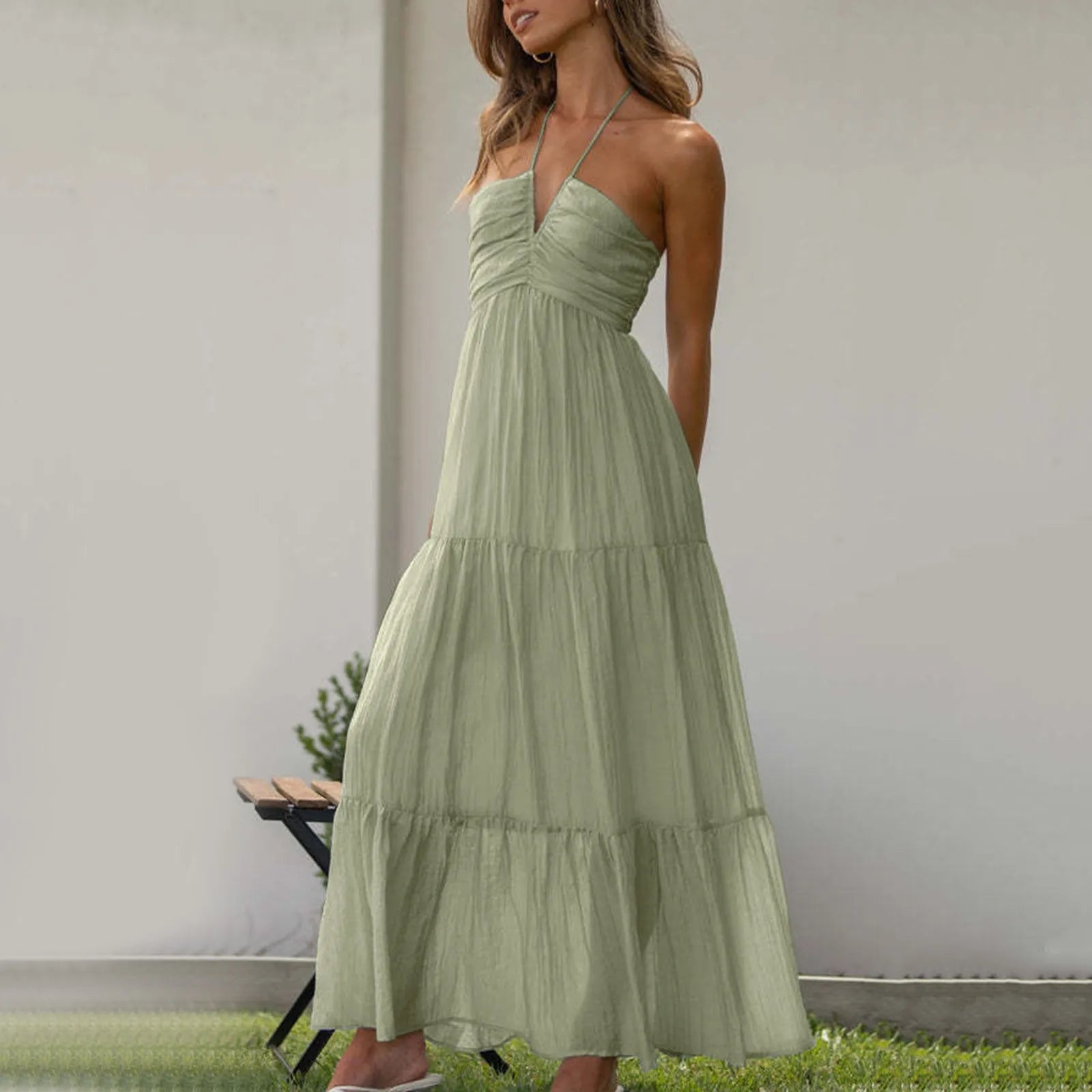 Halter Neck Deep V-Neck Ruched Bodice Tiered Maxi Dress