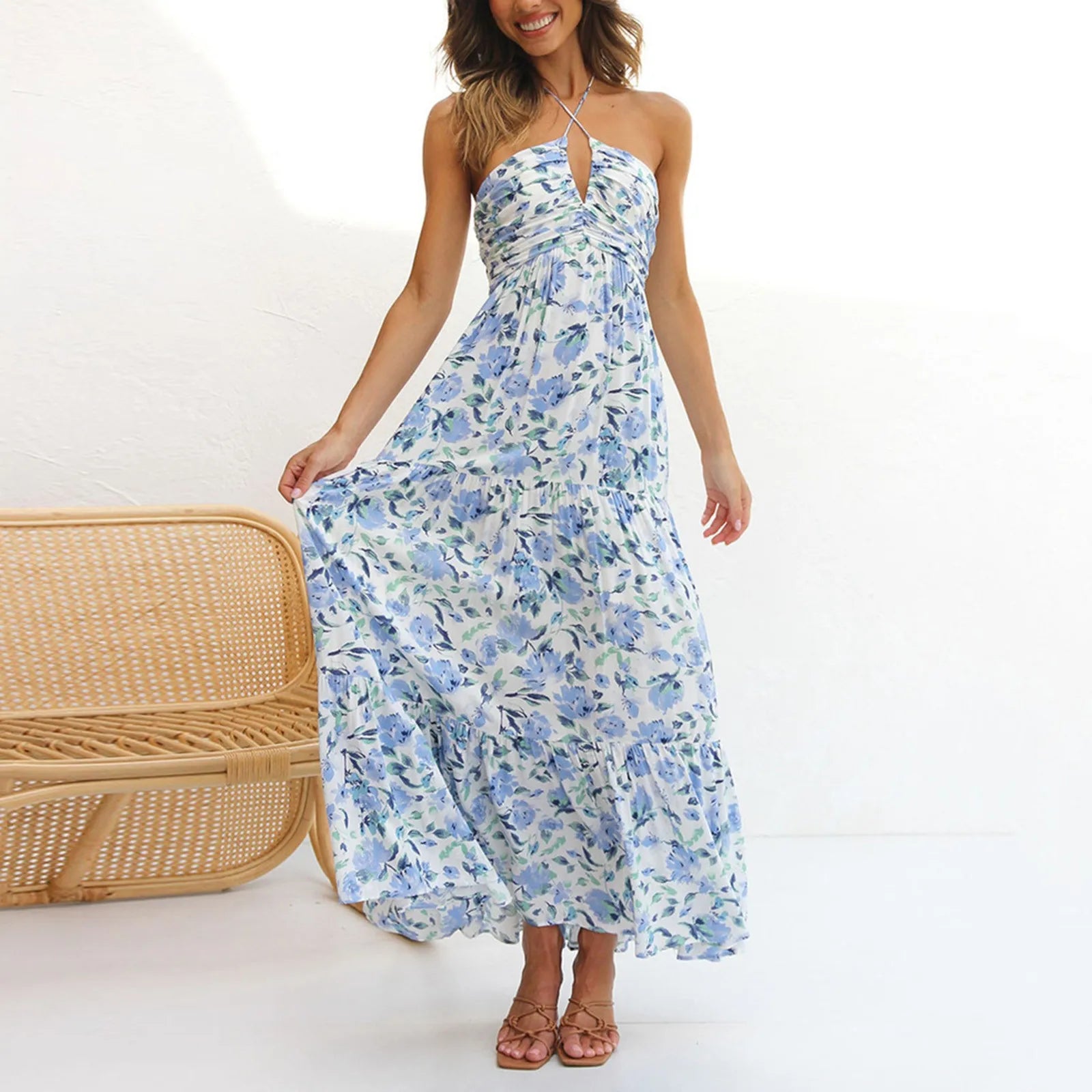 Halter Neck Deep V-Neck Ruched Bodice Tiered Maxi Dress