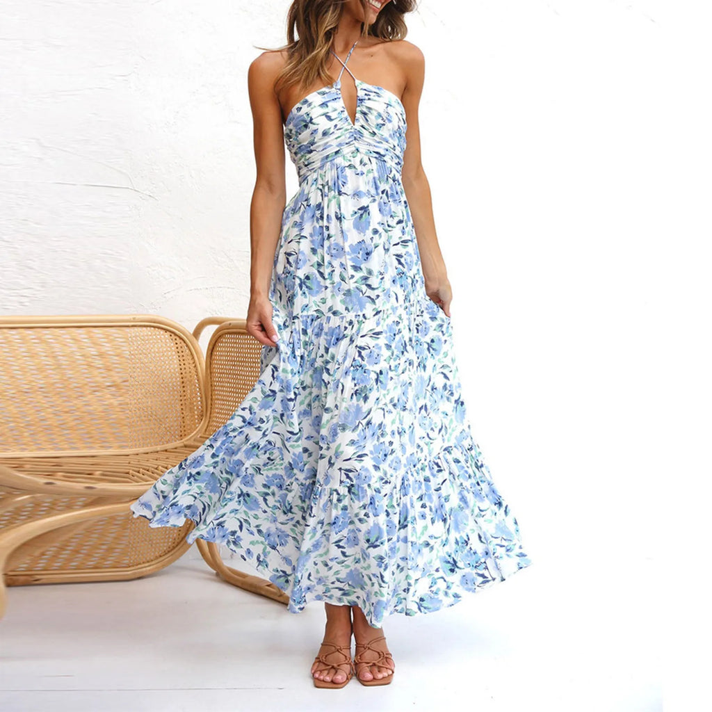 Halter Neck Deep V-Neck Ruched Bodice Tiered Maxi Dress
