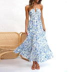 Halter Neck Deep V-Neck Ruched Bodice Tiered Maxi Dress