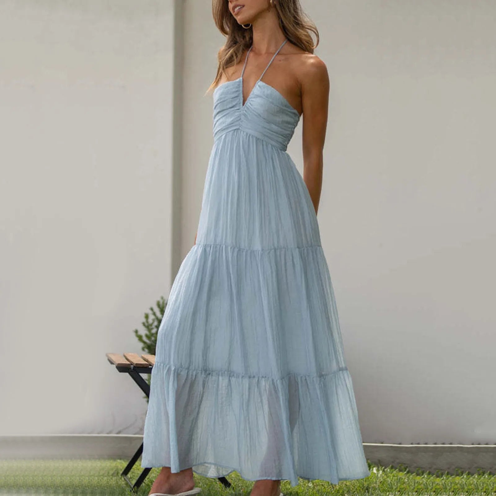 Halter Neck Deep V-Neck Ruched Bodice Tiered Maxi Dress