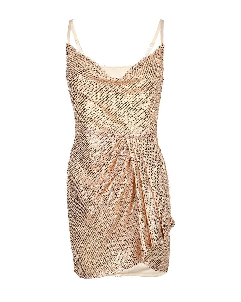 Sequin Cowl Neck Spaghetti Strap Ruched Wrap Tulip Hem Mini Dress