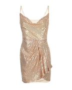 Sequin Cowl Neck Spaghetti Strap Ruched Wrap Tulip Hem Mini Dress
