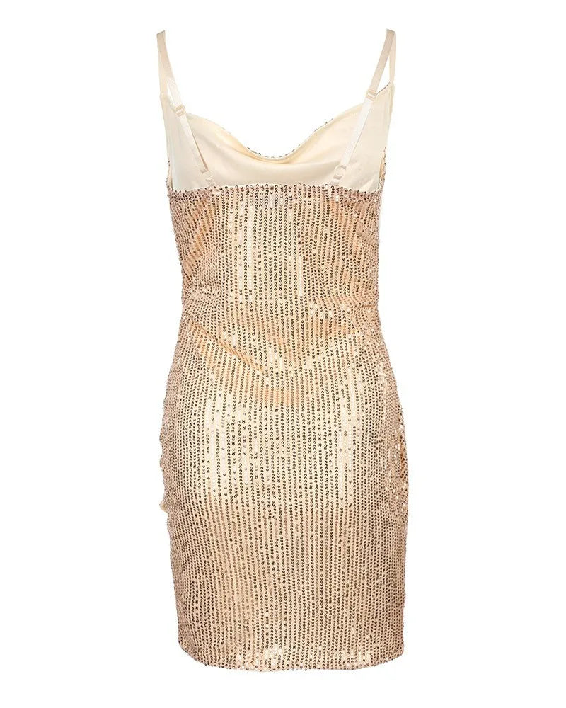 Sequin Cowl Neck Spaghetti Strap Ruched Wrap Tulip Hem Mini Dress