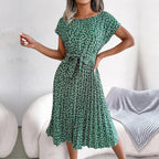 Floral Ditsy Print Short Sleeve Tie Waist Accordion Pleat Midi Dress