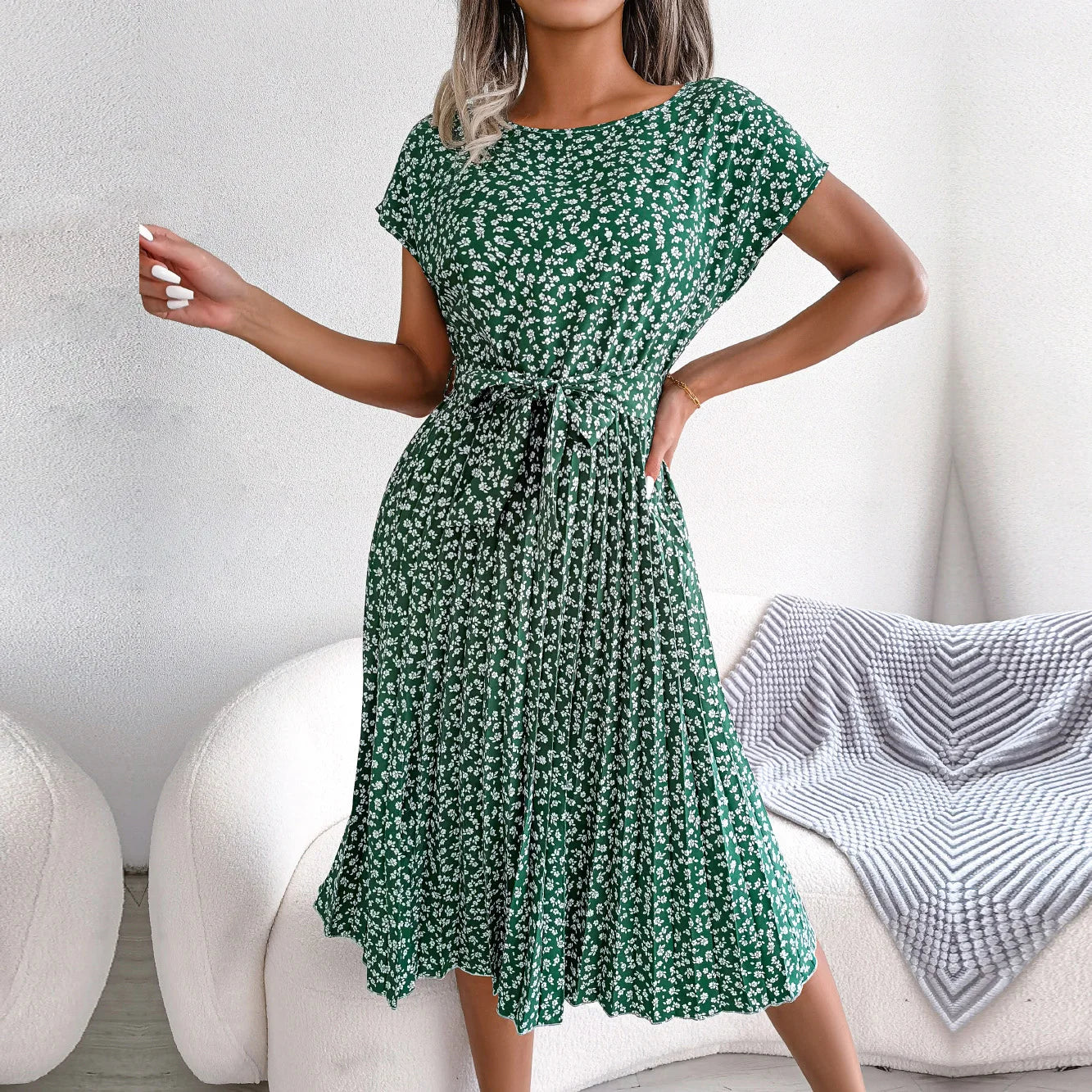 Floral Ditsy Print Short Sleeve Tie Waist Accordion Pleat Midi Dress
