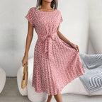 Floral Ditsy Print Short Sleeve Tie Waist Accordion Pleat Midi Dress