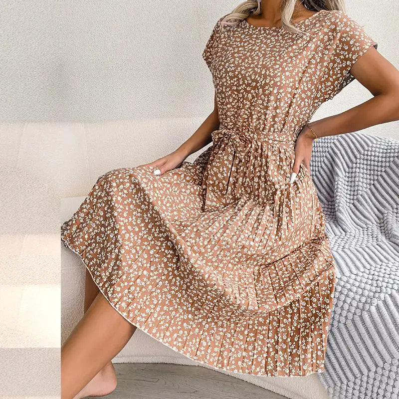 Floral Ditsy Print Short Sleeve Tie Waist Accordion Pleat Midi Dress