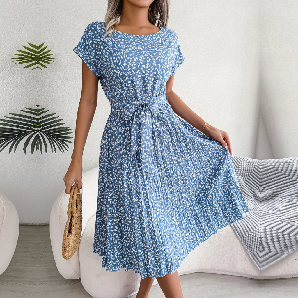 Floral Ditsy Print Short Sleeve Tie Waist Accordion Pleat Midi Dress