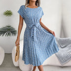 Floral Ditsy Print Short Sleeve Tie Waist Accordion Pleat Midi Dress