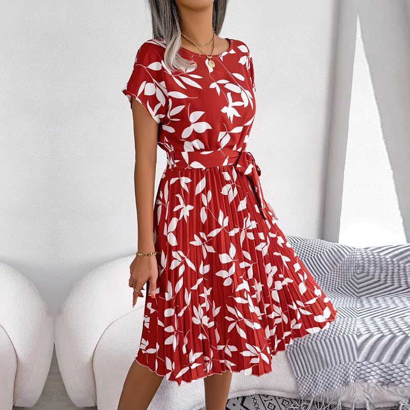 Floral Ditsy Print Short Sleeve Tie Waist Accordion Pleat Midi Dress