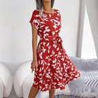 Floral Ditsy Print Short Sleeve Tie Waist Accordion Pleat Midi Dress