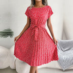 Floral Ditsy Print Short Sleeve Tie Waist Accordion Pleat Midi Dress