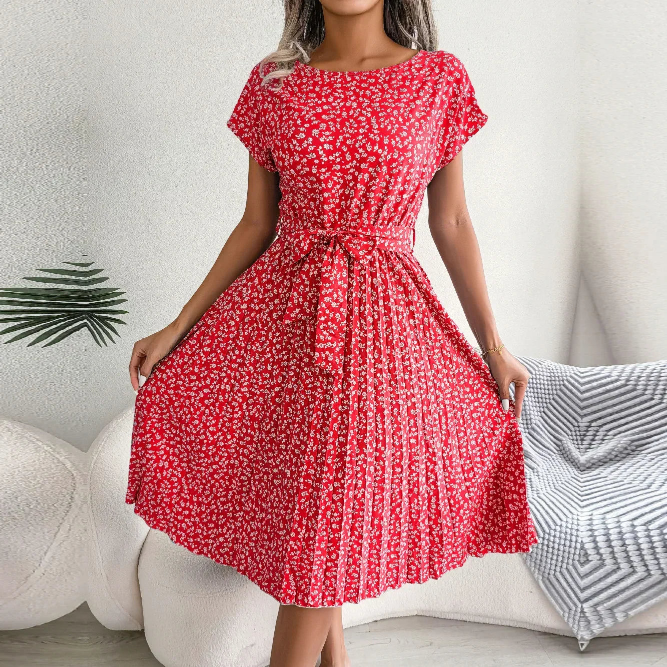 Floral Ditsy Print Short Sleeve Tie Waist Accordion Pleat Midi Dress
