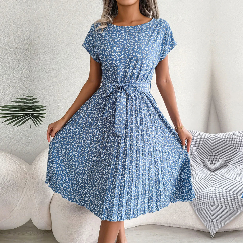 Floral Ditsy Print Short Sleeve Tie Waist Accordion Pleat Midi Dress