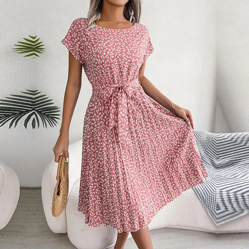 Floral Ditsy Print Short Sleeve Tie Waist Accordion Pleat Midi Dress