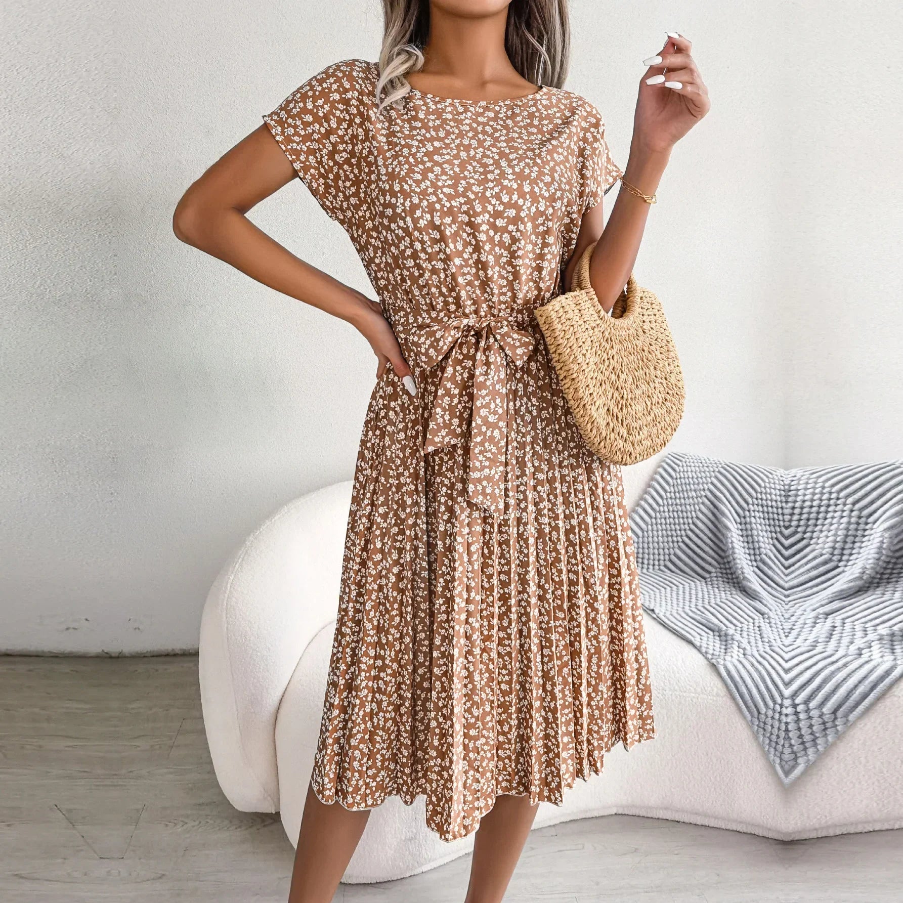 Floral Ditsy Print Short Sleeve Tie Waist Accordion Pleat Midi Dress
