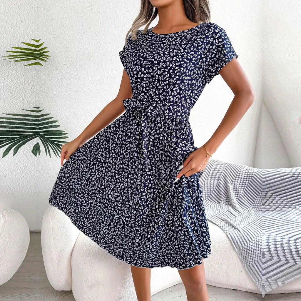 Floral Ditsy Print Short Sleeve Tie Waist Accordion Pleat Midi Dress