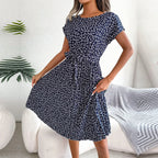 Floral Ditsy Print Short Sleeve Tie Waist Accordion Pleat Midi Dress