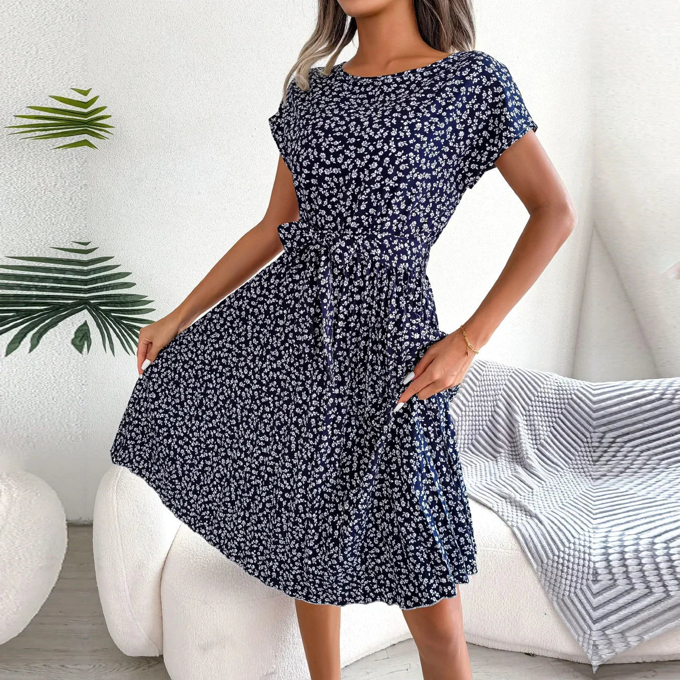 Floral Ditsy Print Short Sleeve Tie Waist Accordion Pleat Midi Dress