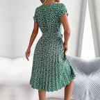 Floral Ditsy Print Short Sleeve Tie Waist Accordion Pleat Midi Dress
